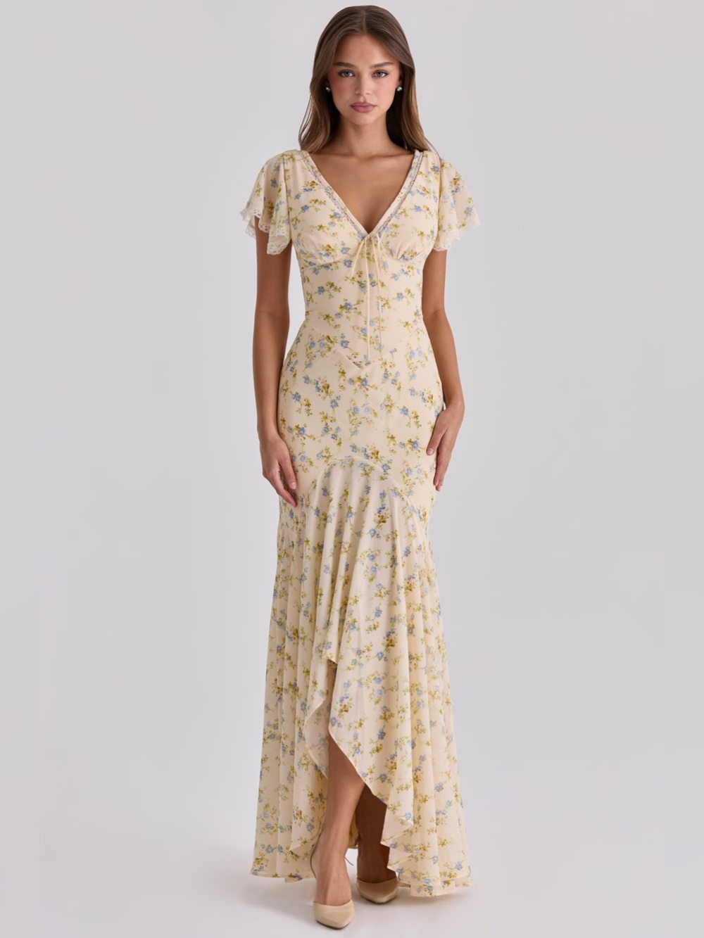 House of CB AMINA Lemon Floral Print Georgette Maxi Tea Dress NWOT